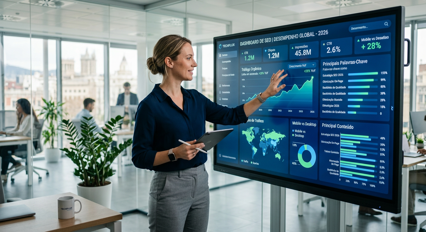 Estrategista de marketing analisando métricas de SEO em um painel digital moderno em 2026