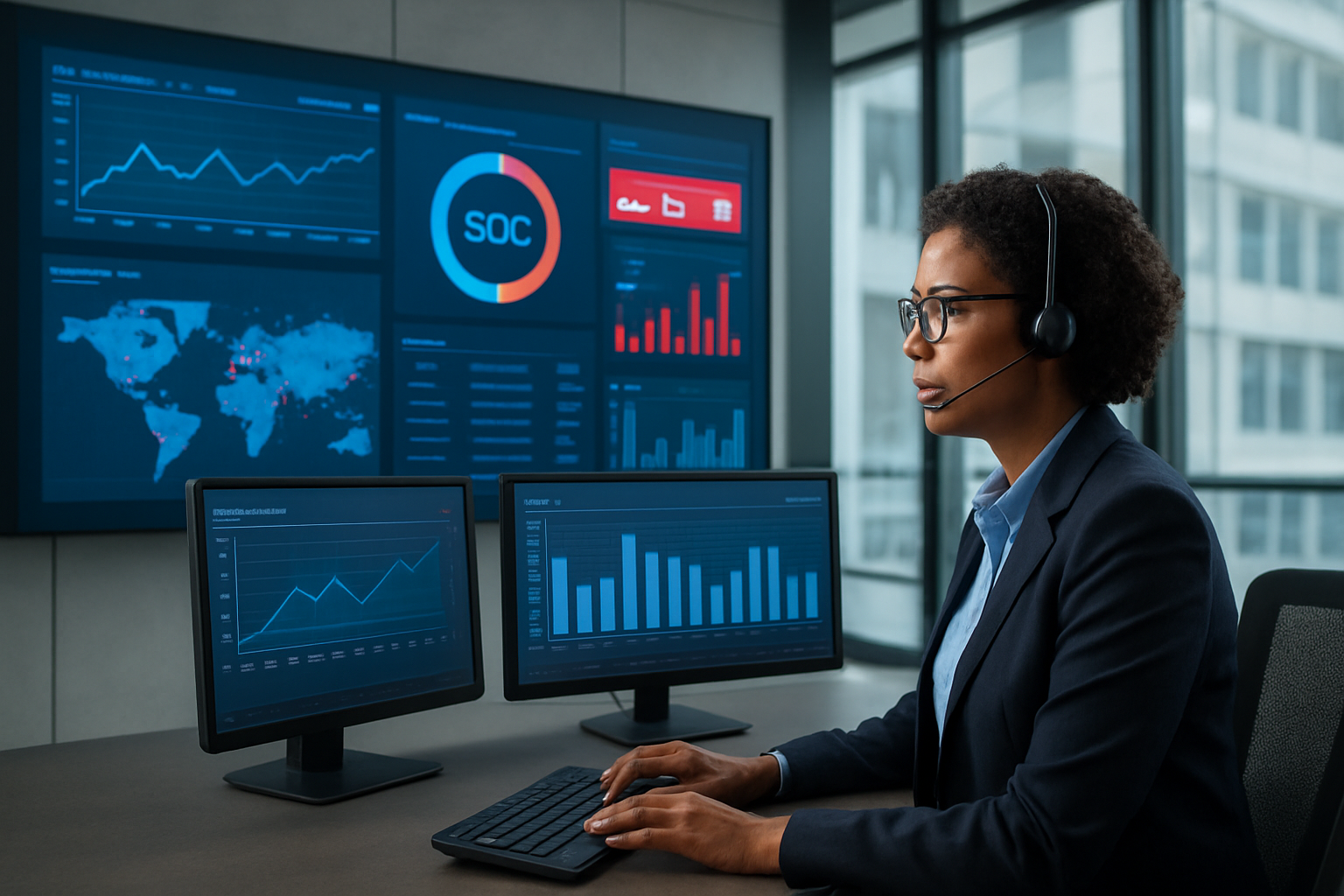 Painel de operações de um SOC gerenciado com dashboards e alertas em 2026 incluindo
