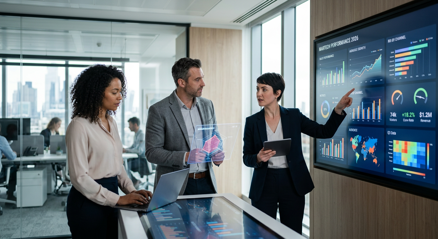 Executivos analisando dados de uma empresa martech em painéis digitais de alta tecnologia em 2026