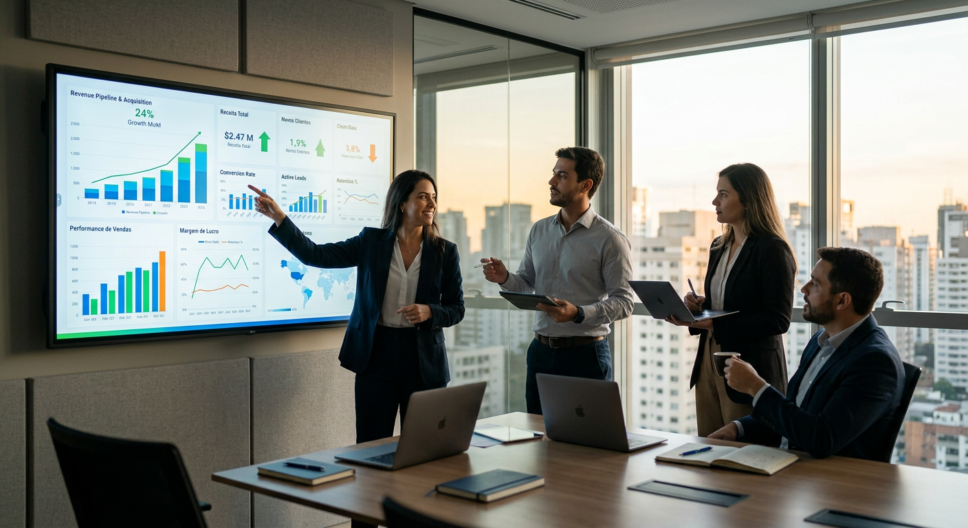 Equipe executiva analisando métricas de crescimento em painel digital de uma empresa de revops