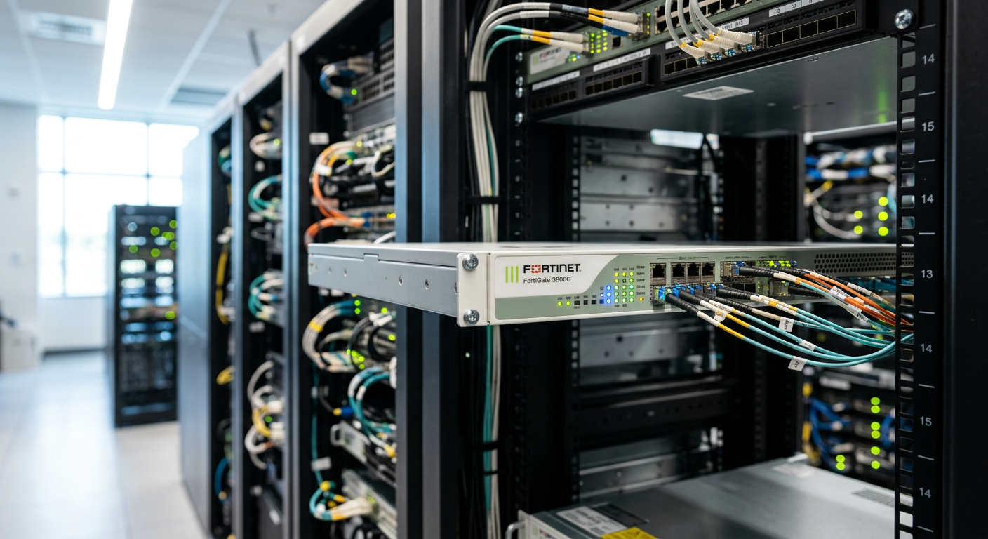 Firewall FortiGate 3800G em um rack de data center moderno com luzes de processamento de dados em 2026