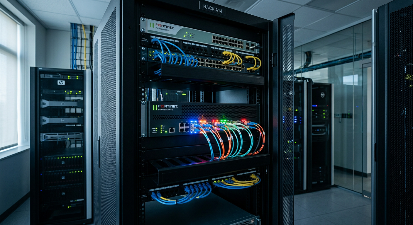 Firewall FortiGate 3801G em um rack de data center moderno com luzes de fibra óptica em 2026