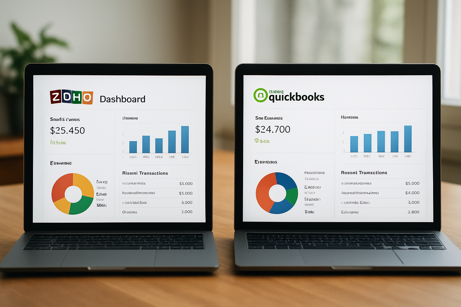 Side-by-side dashboard view comparing Zoho vs QuickBooks comparison 2026 accounting features