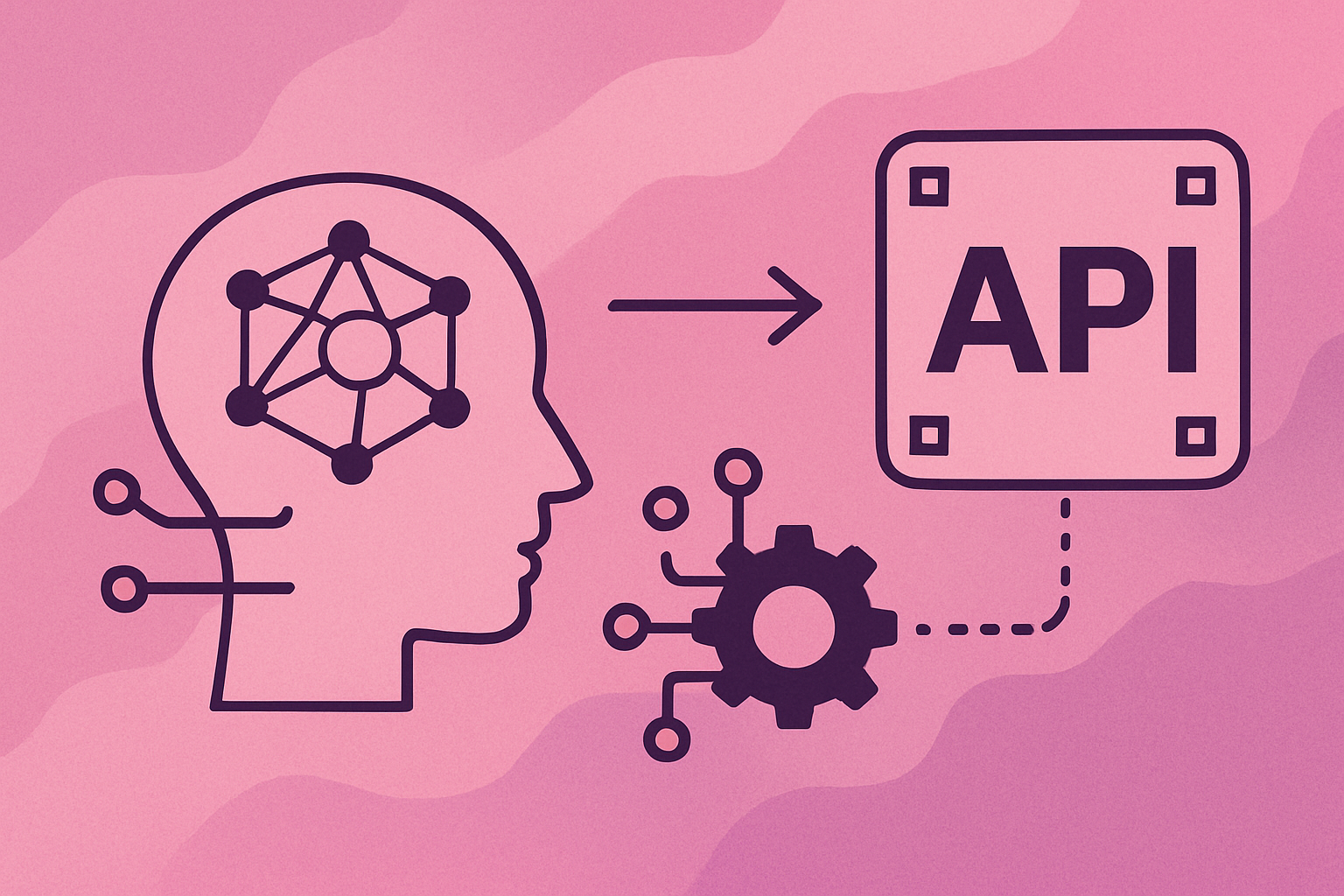 Ilustração abstrata minimalista representando integração de IA e API em tons rosa e roxo | teste openai gpt-image validação e