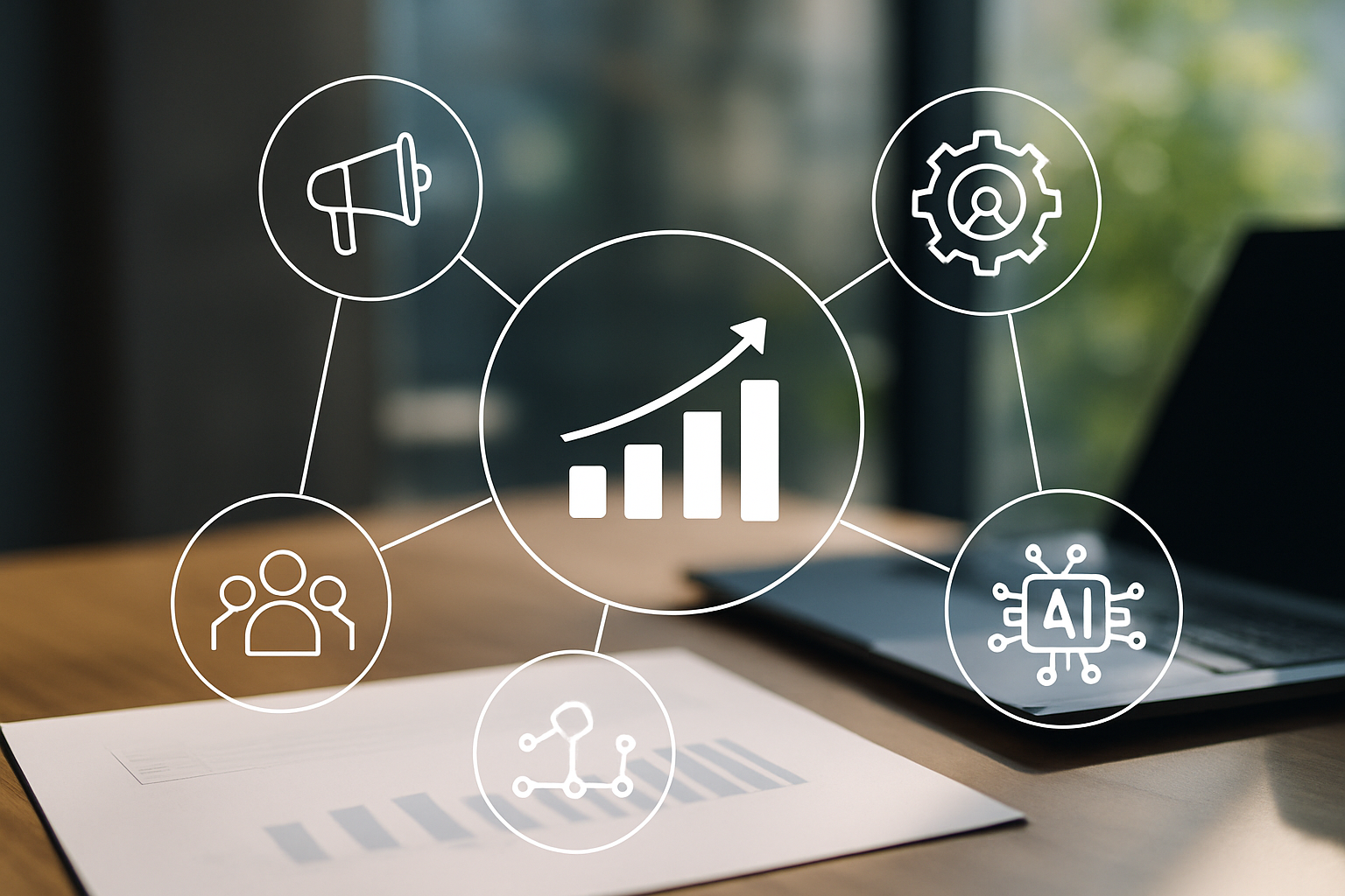 Gráfico de conexões de dados de marketing integrados com ícones de IA e automação, representando crescimento e eficiência em 
