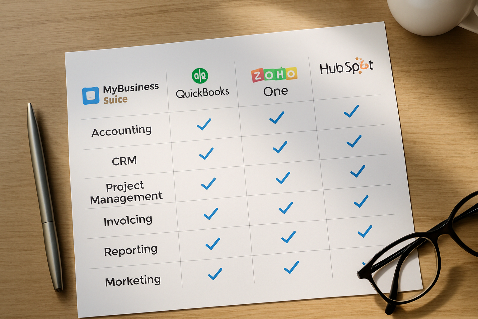 Comparison chart showing MyBusiness Suite vs QuickBooks vs Zoho One vs HubSpot features for small businesses in 2026