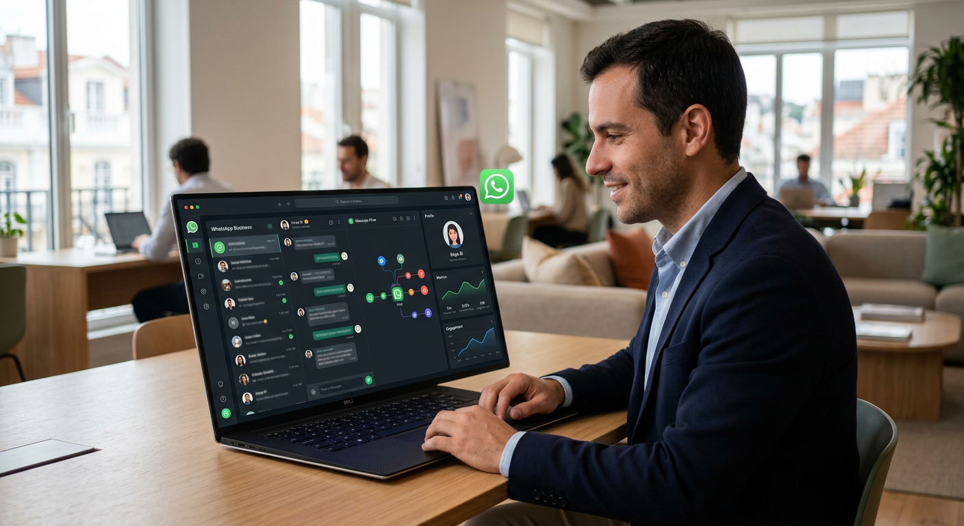Interface de um dashboard moderno mostrando um vendedor virtual com IA gerenciando conversas de WhatsApp em 2026