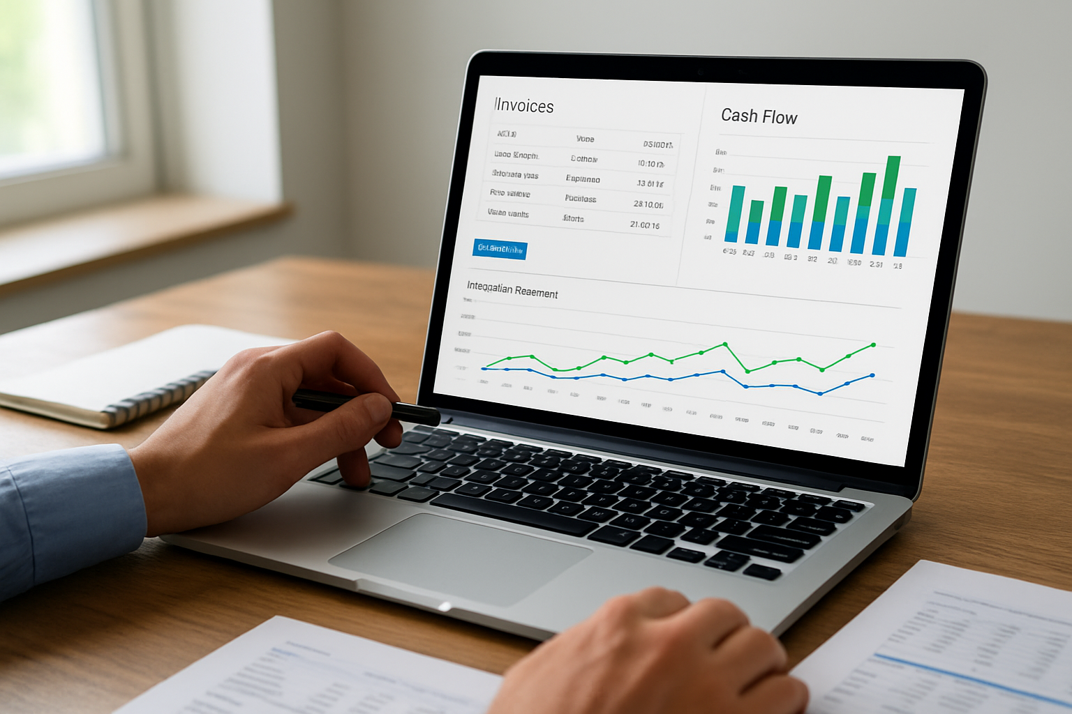 dashboard showing invoicing and bookkeeping for small businesses with cash flow charts