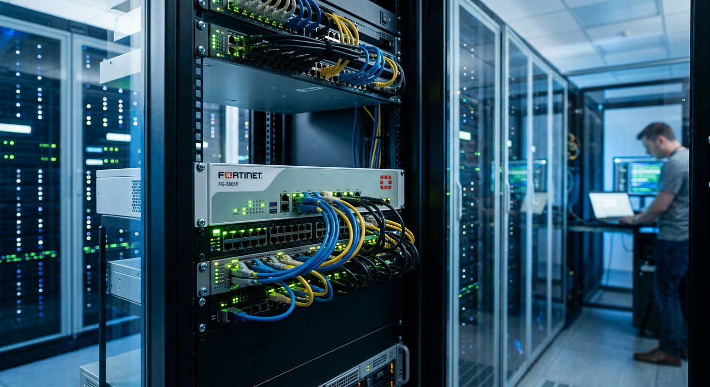 Equipamento de firewall fortinet em um data center moderno com luzes de processamento de dados em 2026