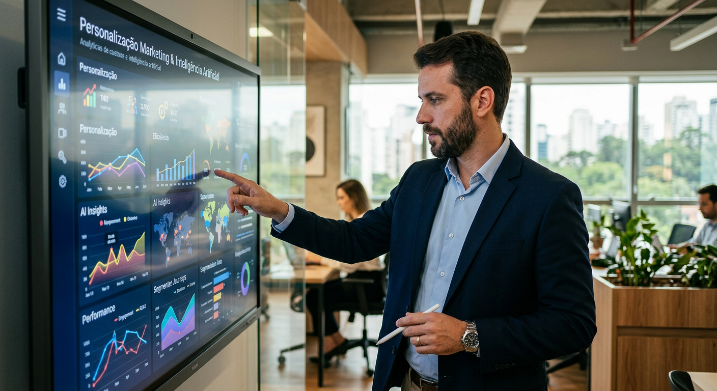 Executivo analisando métricas de personalização marketing inteligência artificial em um painel digital moderno