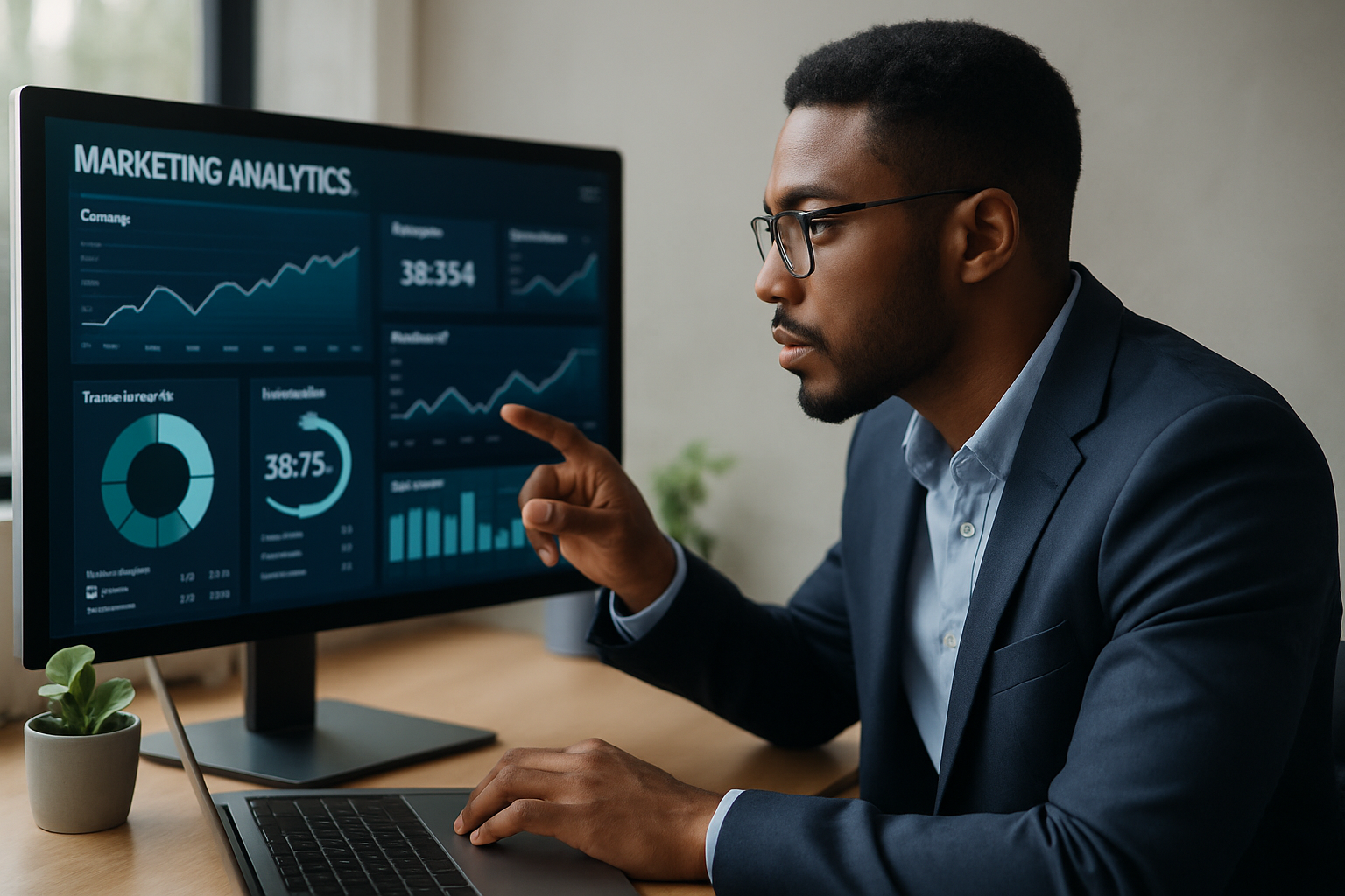 Profissional de marketing analisando dados em um painel digital, representando uma agência martech em 2026