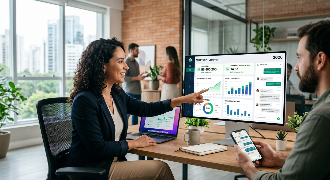 Dashboard de CRM para WhatsApp com IA mostrando métricas de vendas e conversas automatizadas em 2026