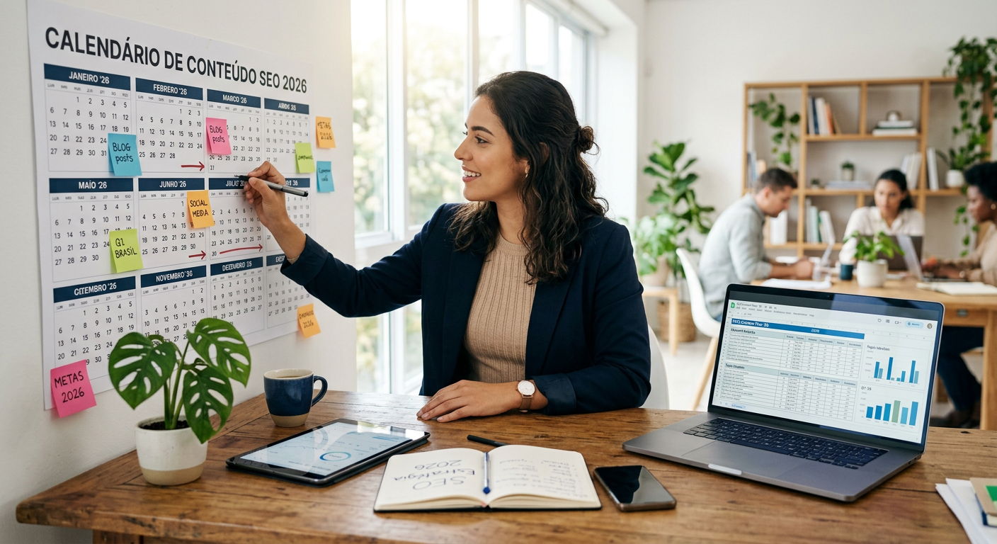 Estrategista digital planejando calendário de conteúdo otimizado para SEO em 2026