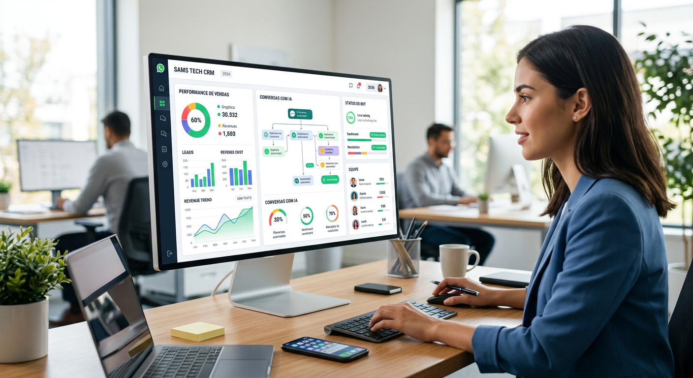 Dashboard moderno de um CRM WhatsApp com IA mostrando métricas de vendas e conversas automatizadas em 2026