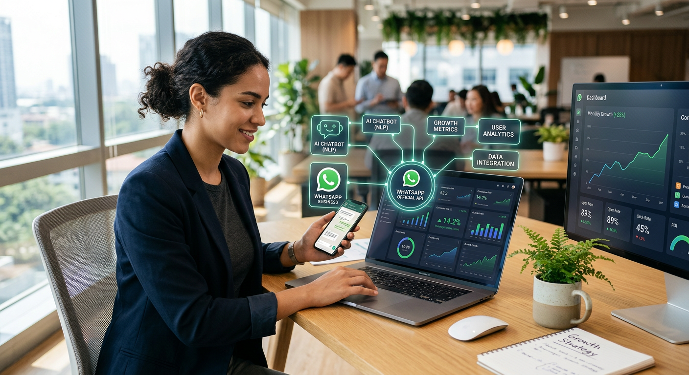 Interface digital conectando a API oficial WhatsApp a sistemas de inteligência artificial e métricas de growth