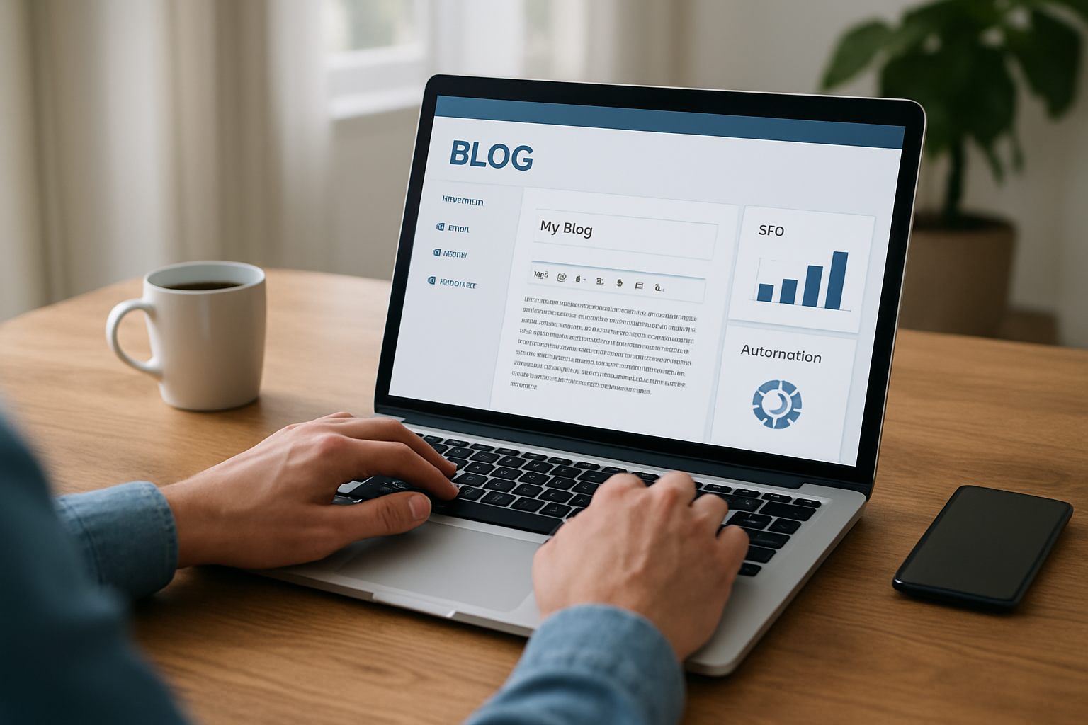 interface de plataforma para criação de blogs com painel SEO e automação 2026