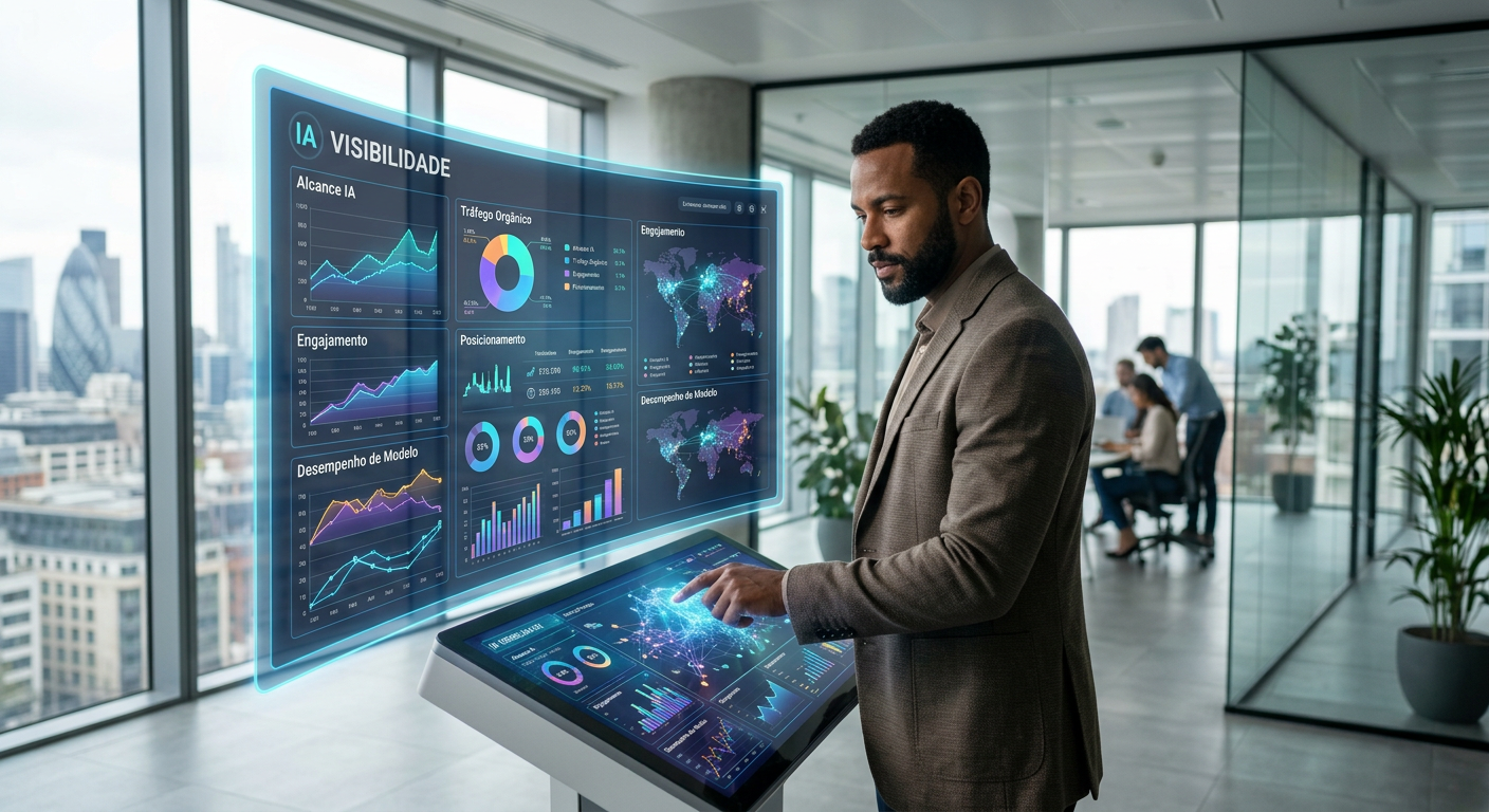 Empresário analisando métricas de visibilidade IA em um painel digital futurista de 2026