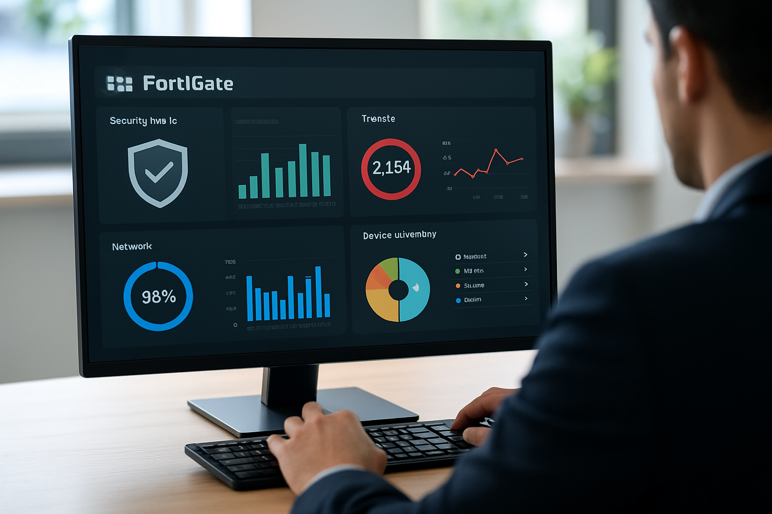 Painel de gestão terceirizada FortiGate com dashboards de segurança e monitoramento 24x7