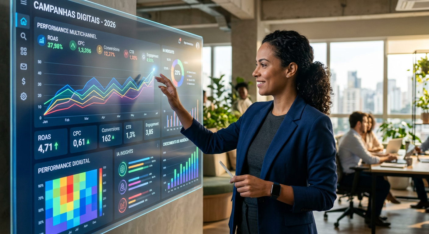 Empresário analisando métricas de marketing digital em um painel de inteligência artificial em 2026
