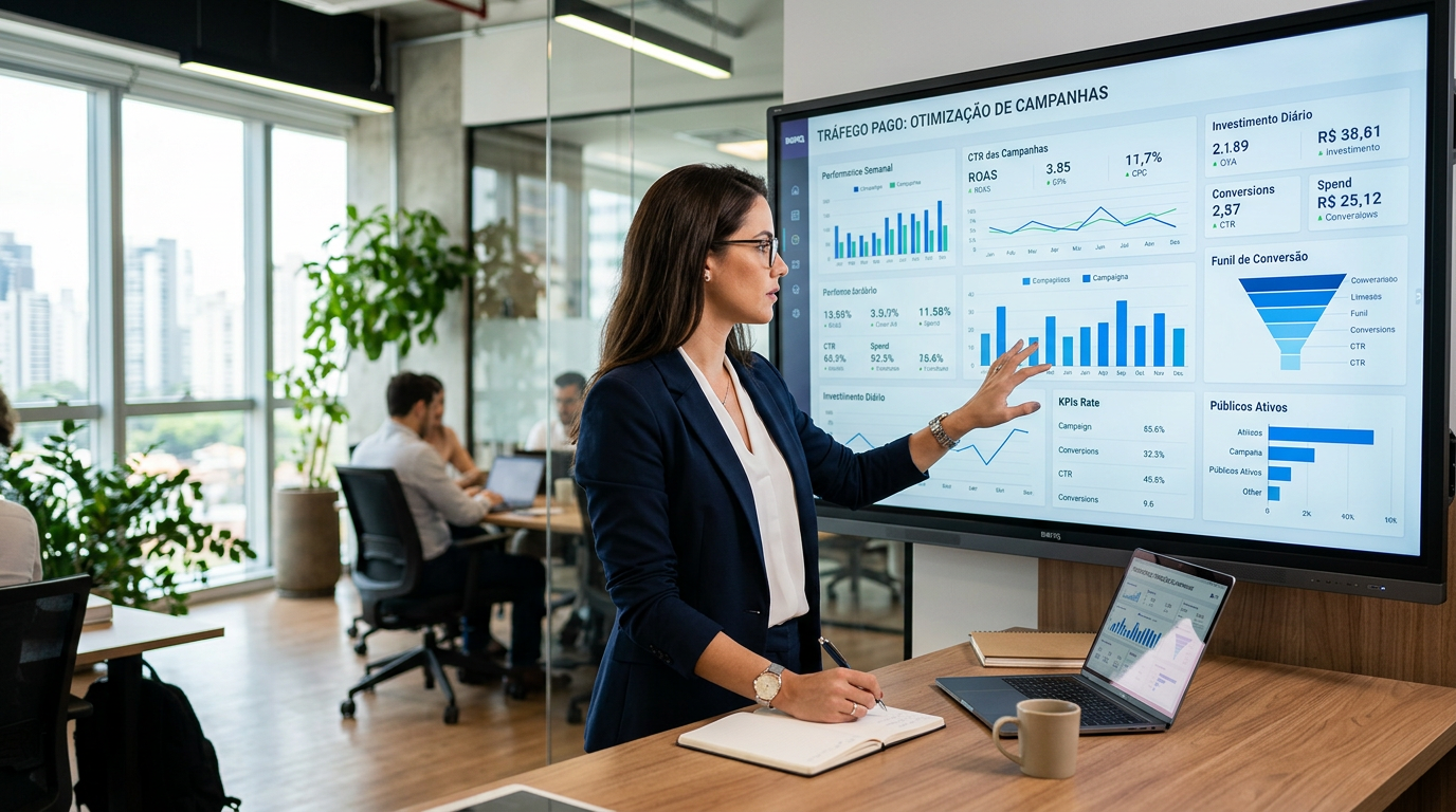 Especialista analisando métricas para otimização de campanhas de tráfego pago em um painel digital moderno