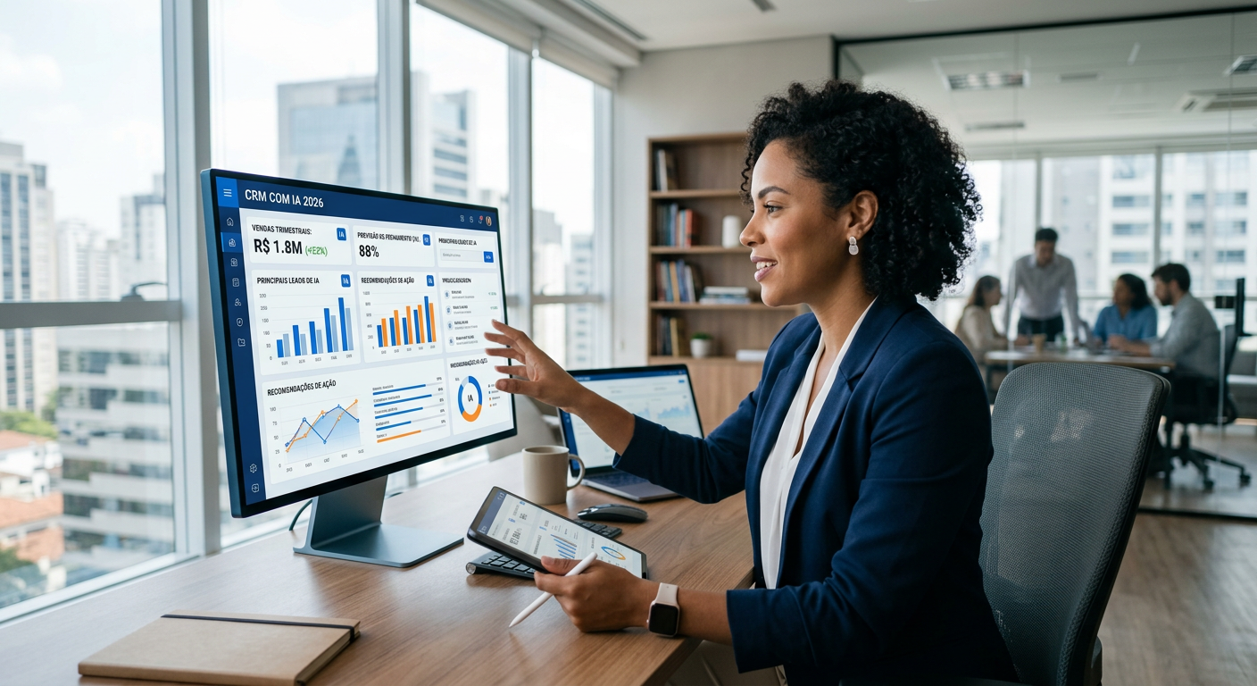 Profissional analisando métricas de vendas em um painel de CRM com IA em 2026