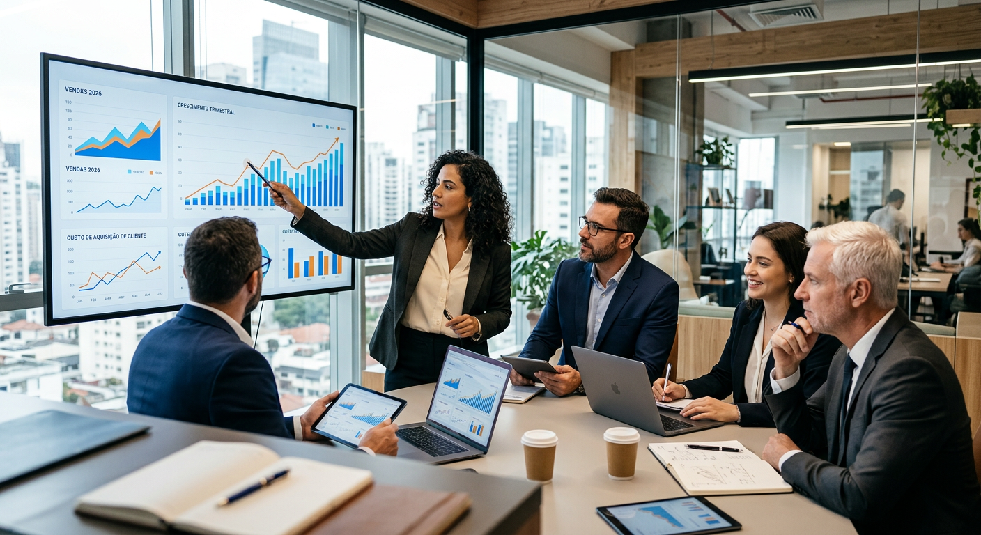 Executivos analisando gráficos de crescimento em uma consultoria de marketing para vendas em 2026