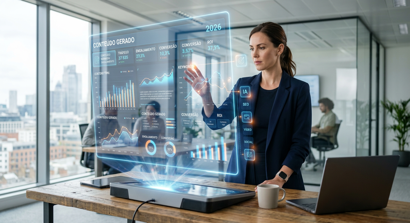 Profissional de marketing analisando métricas de geração conteúdo em uma tela holográfica em 2026