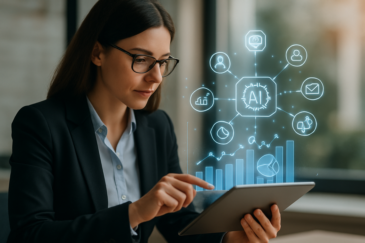 Mulher de negócios usando um tablet com gráficos e elementos de Inteligência Artificial para gestão de marketing digital em