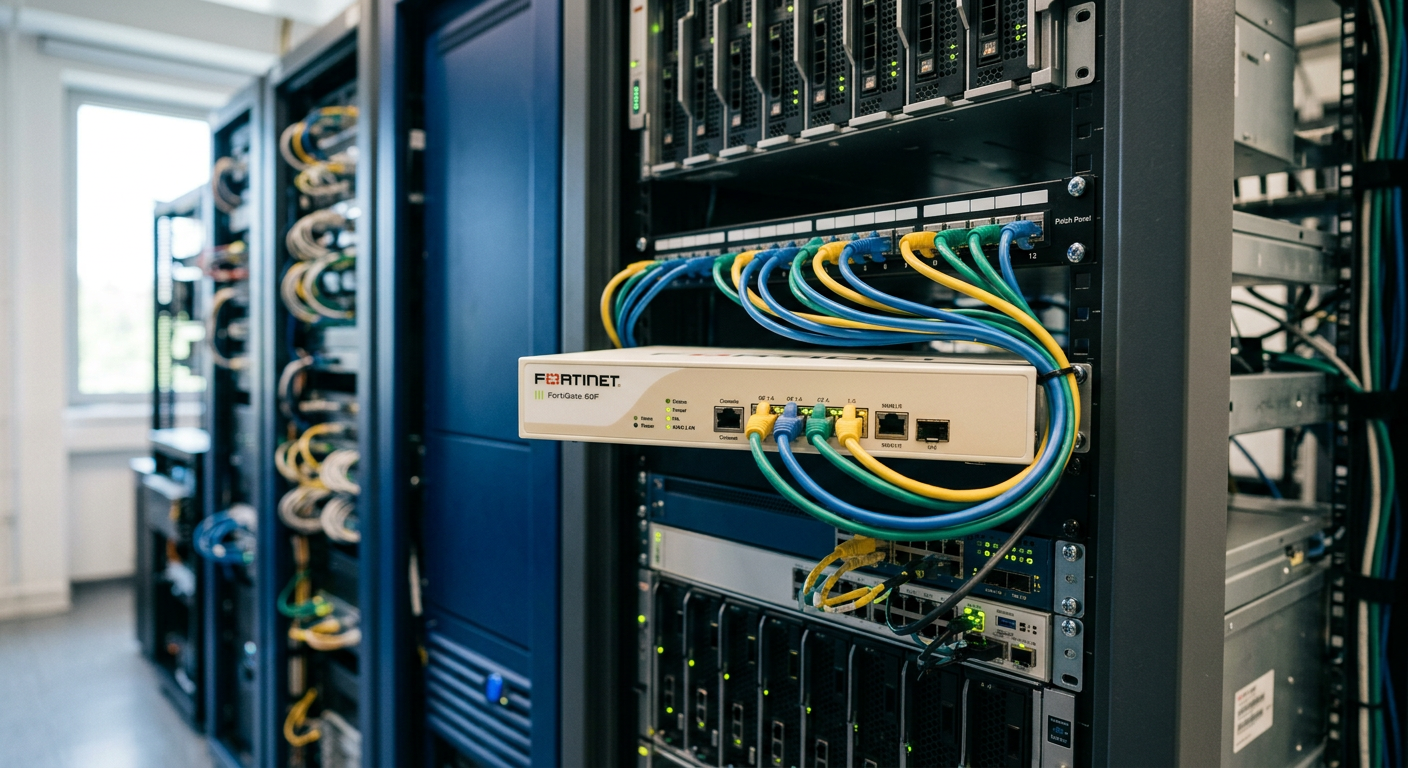 Dispositivo FortiGate 60F em um rack de servidores moderno representando segurança de rede em 2026