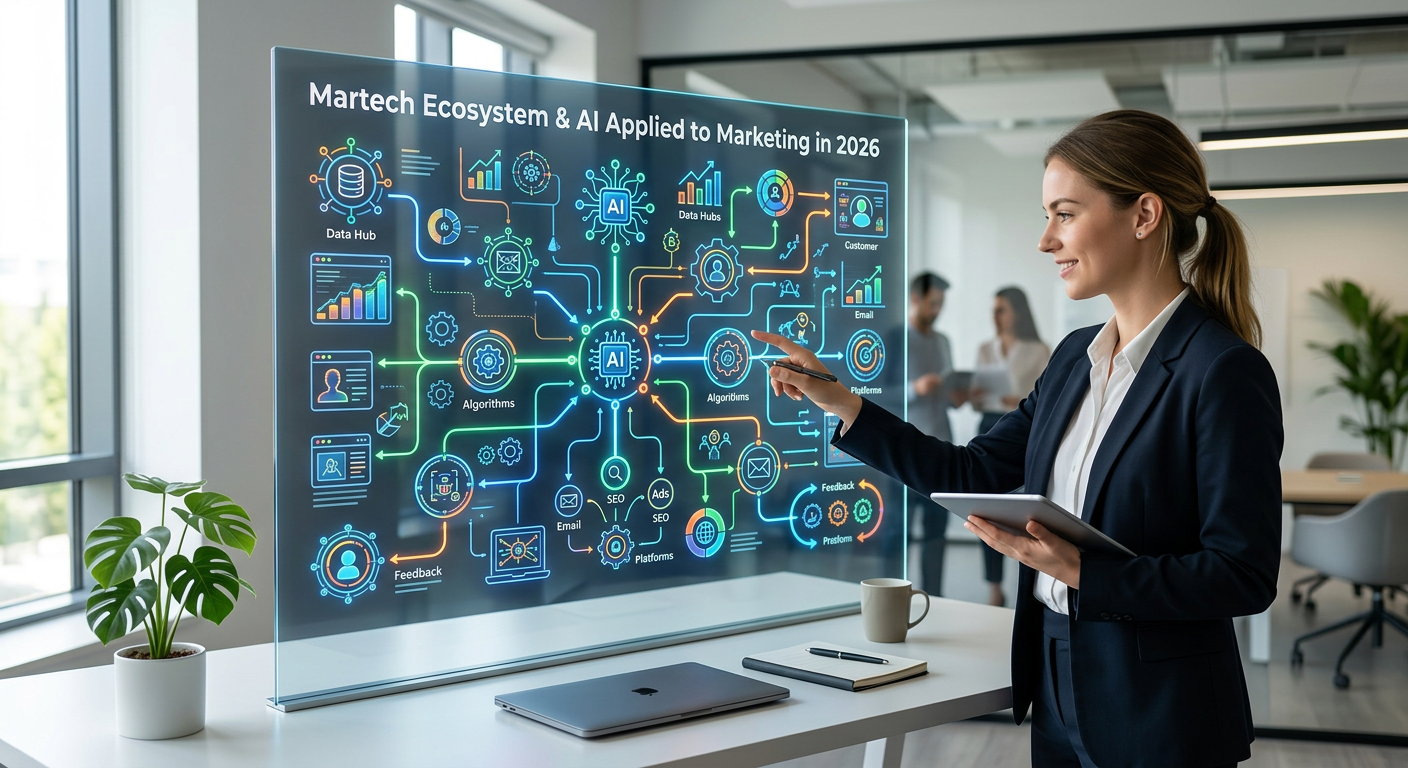 Infográfico moderno sobre ecossistema martech e inteligência artificial aplicada ao marketing em 2026