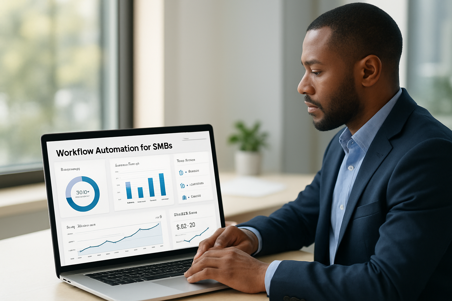 Dashboard view illustrating workflow automation for SMBs with metrics and approvals in 2026