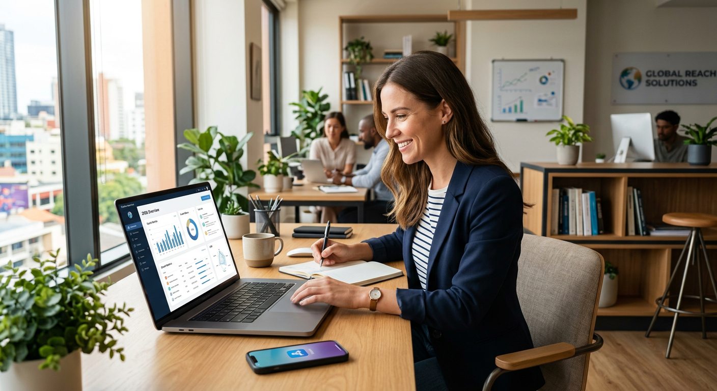 A modern entrepreneur using integrated small business tools on a laptop to manage a growing company in 2026.