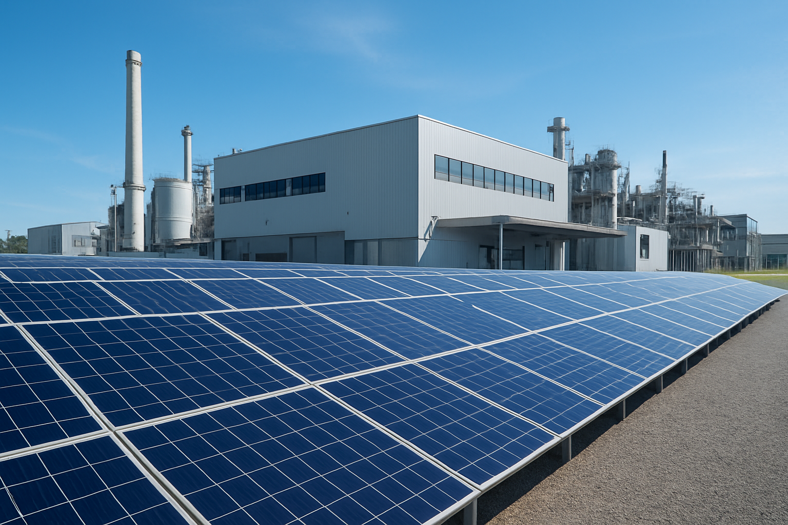 Centro industrial com painéis solares: soluções em energia renovável integradas à operação