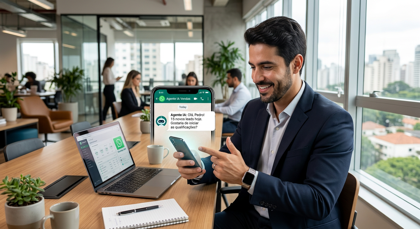 Empresário utilizando agente de IA para WhatsApp para escalar vendas em 2026
