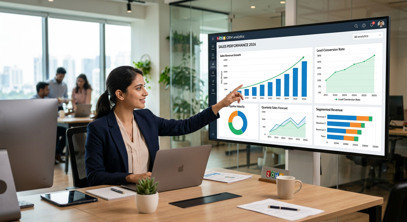 Professional business dashboard showing Zoho CRM analytics and sales growth charts in 2026