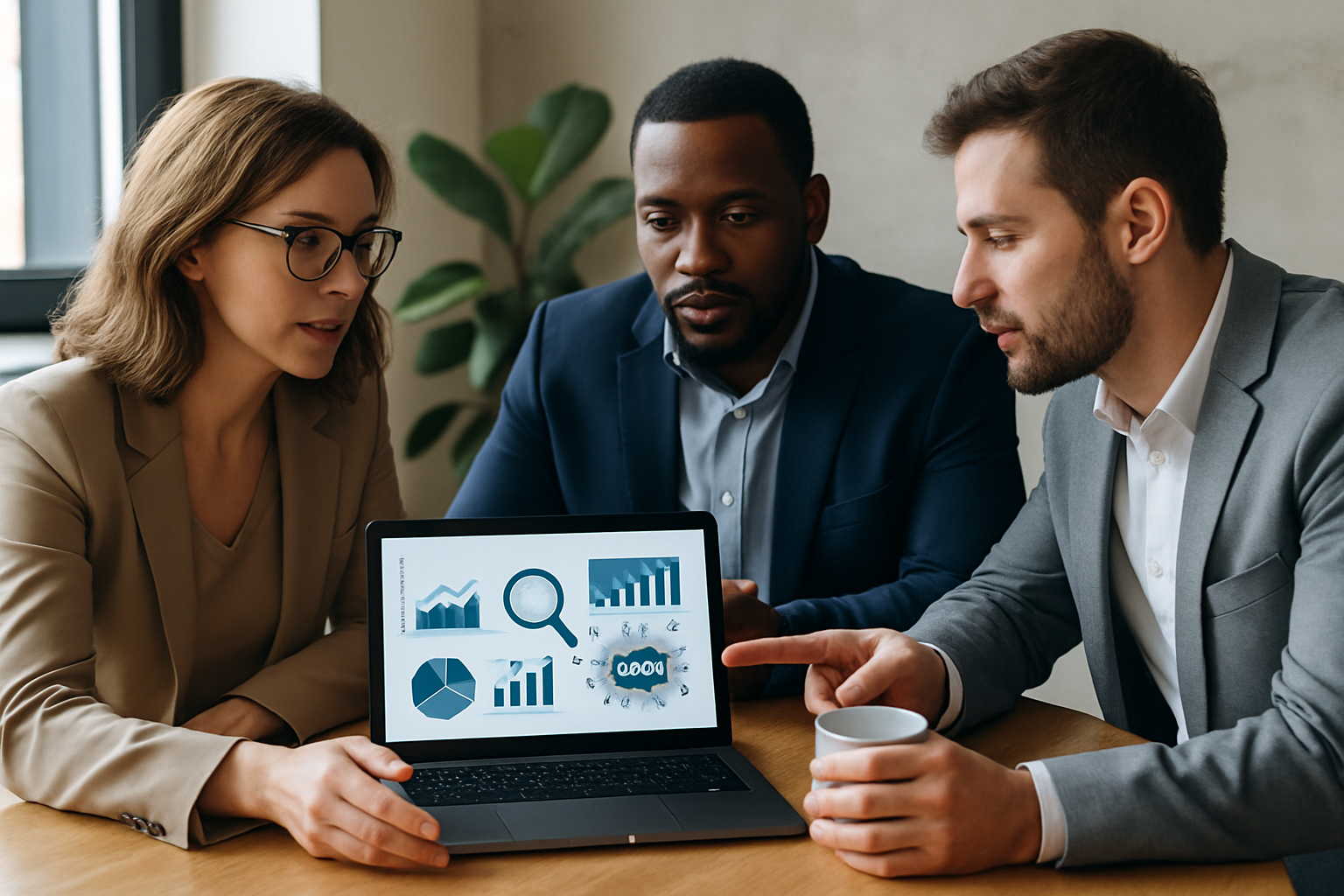 Empresários discutindo estratégias de marketing digital terceirizado com IA em 2026