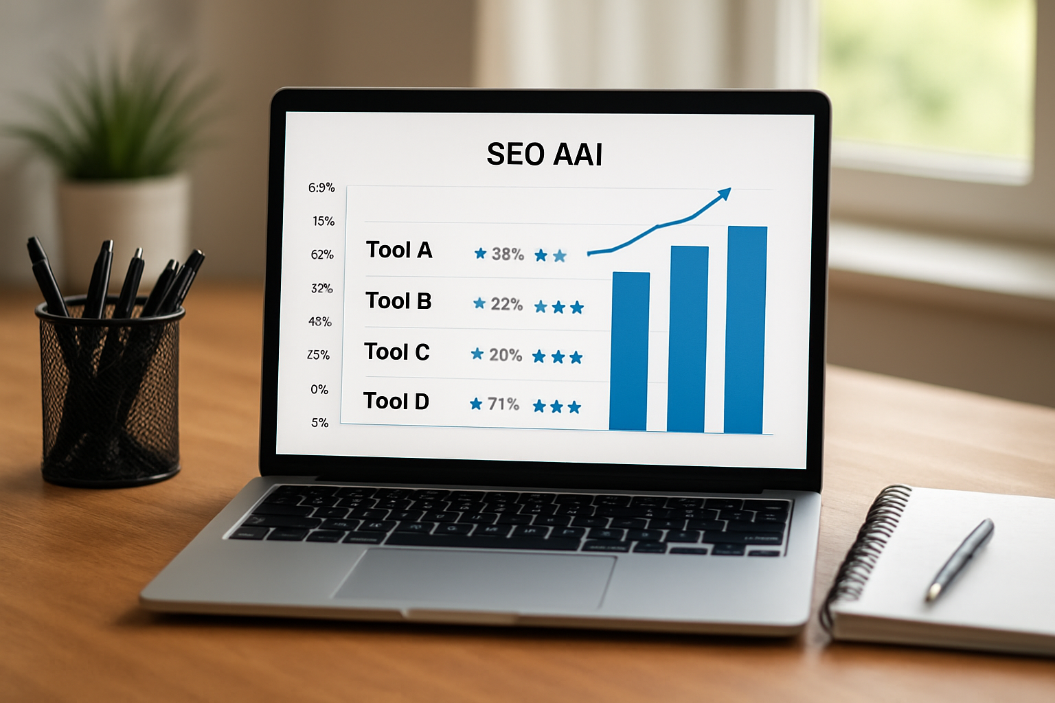 Painel comparativo das melhores ferramentas de IA para SEO em 2026 com indicadores de performance