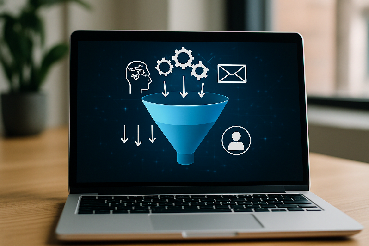 Representação de um funil de vendas digital com elementos de inteligência artificial e automação, simbolizando a jornada do