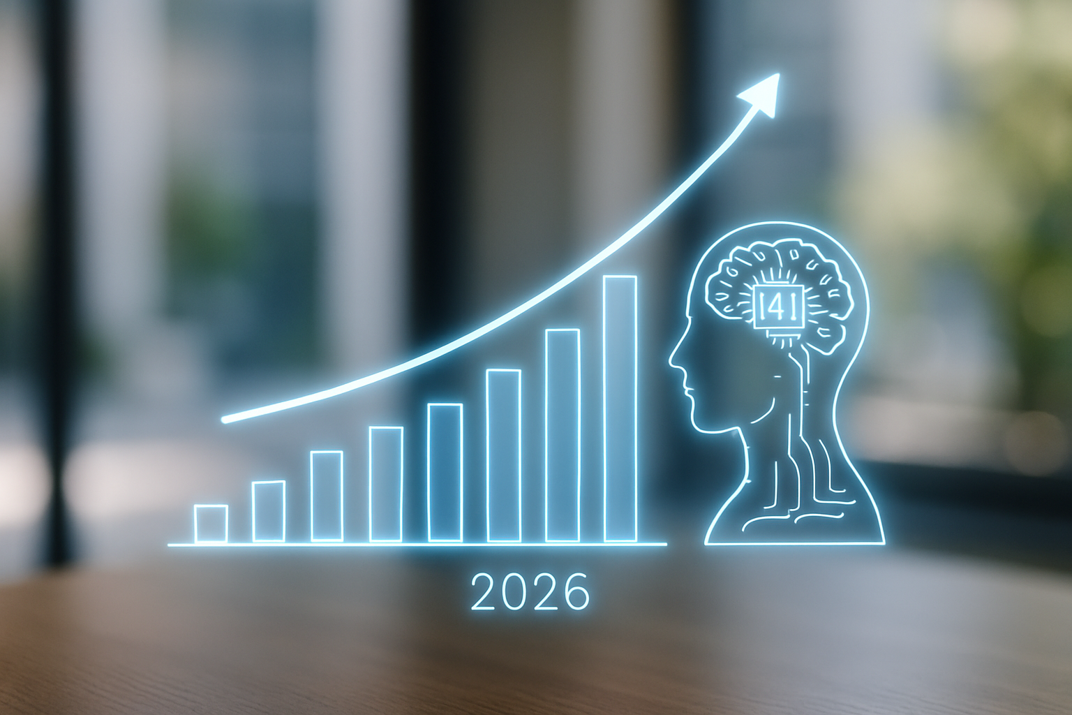Gráfico futurista mostrando crescimento exponencial impulsionado por inteligência artificial em 2026 | growth com ia
