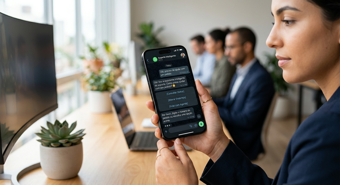 Interface de um chatbot para suporte inteligente integrado ao WhatsApp em um smartphone moderno de 2026
