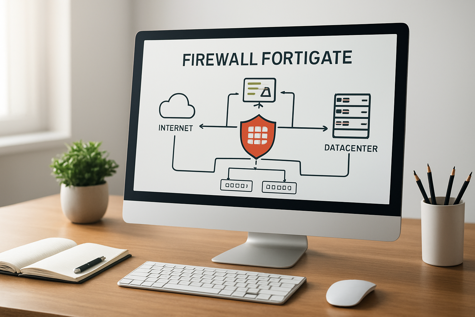 diagrama de implementação firewall fortigate com políticas e integração com SIEM 2026