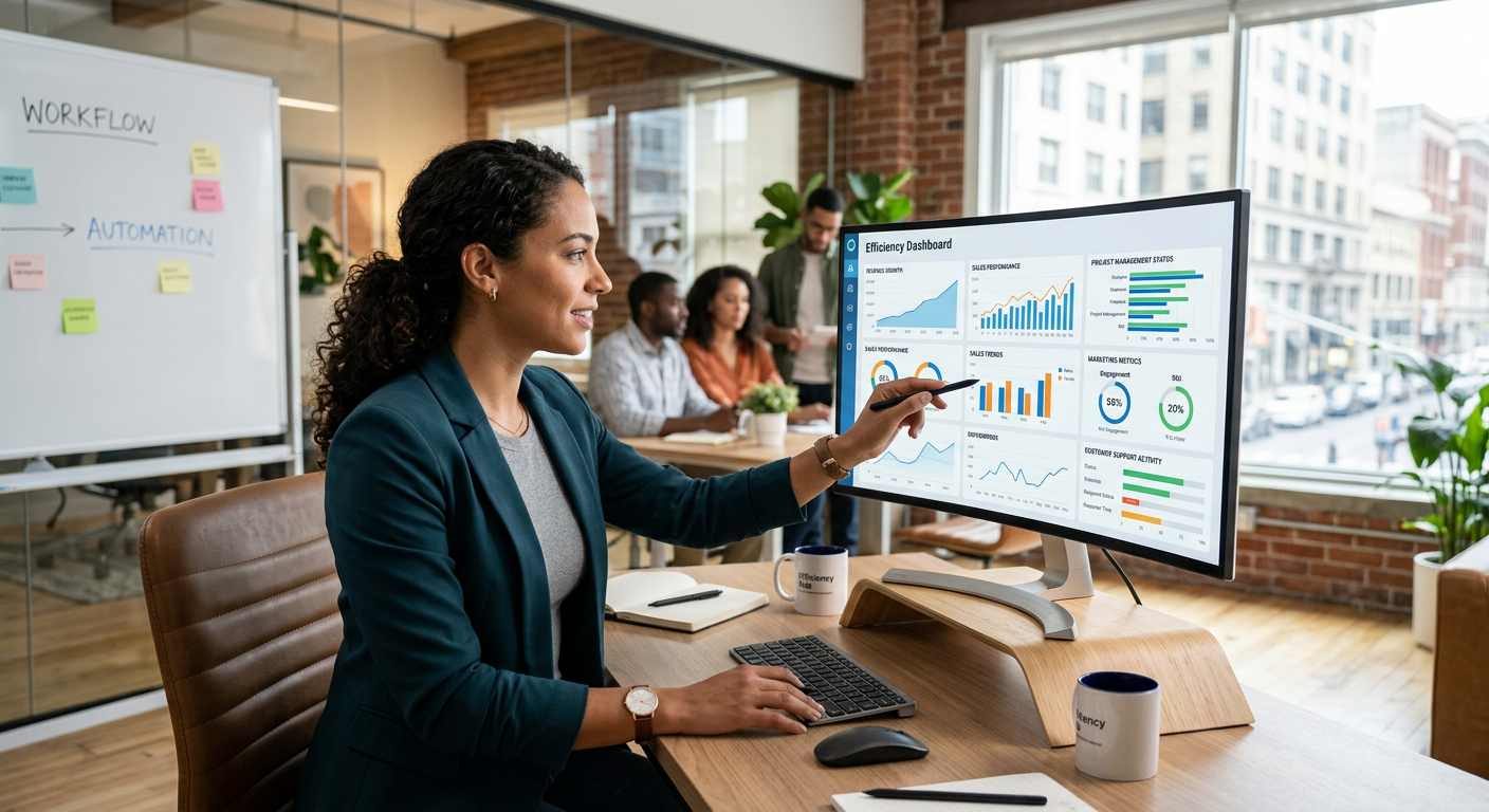 A professional dashboard showing integrated business tools for small business efficiency in a modern office. | Integrate busi