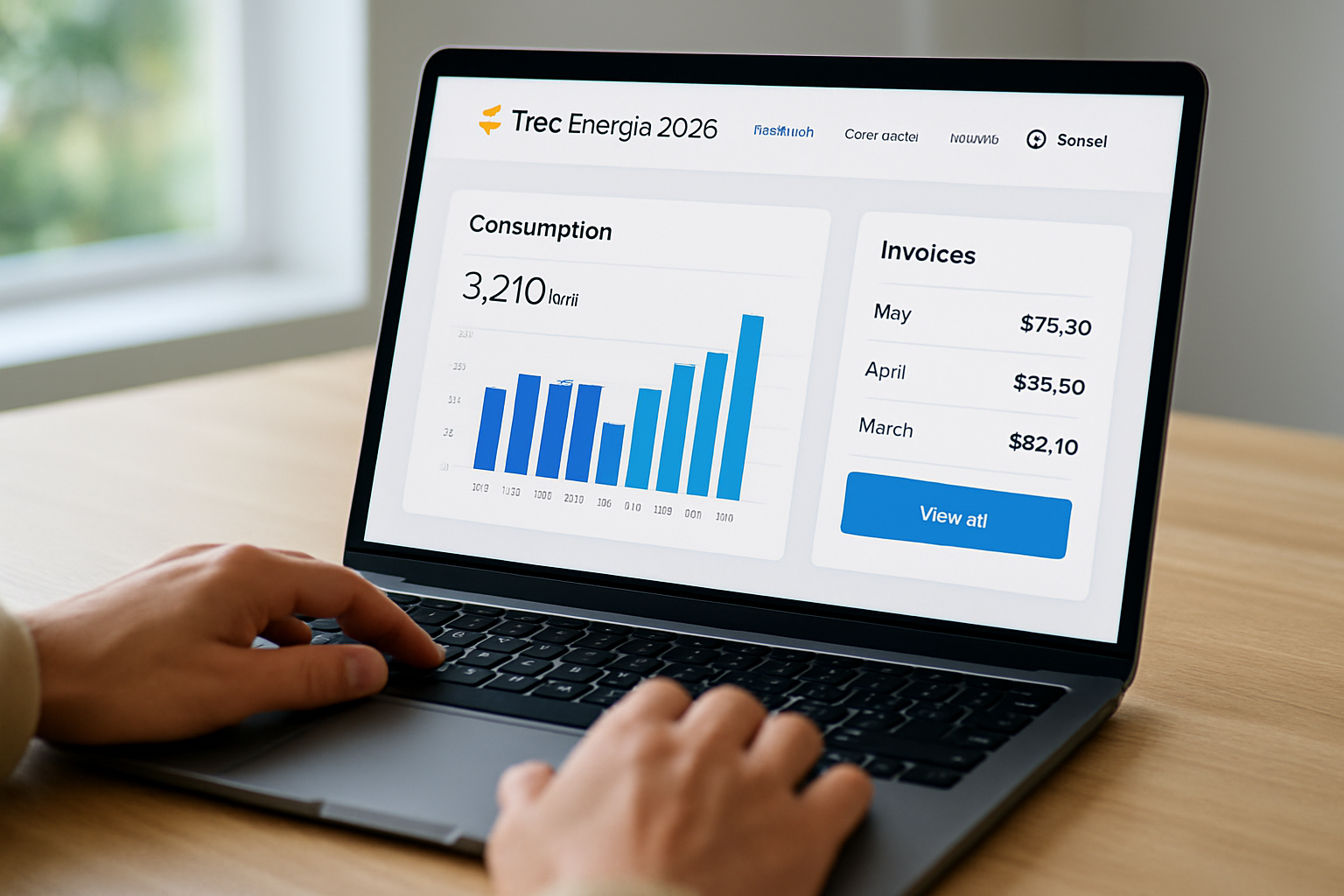 Painel do Portal do Cliente mostrando consumo e faturas Trec Energia 2026
