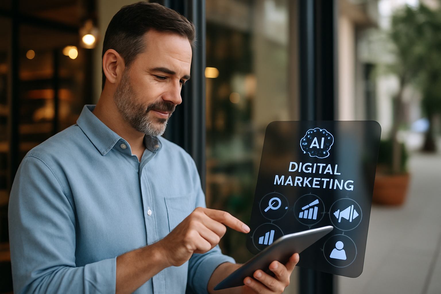 Empresário de negócio local usando tablet para gerenciar marketing digital com IA em 2026 | marketing digital para negócios l