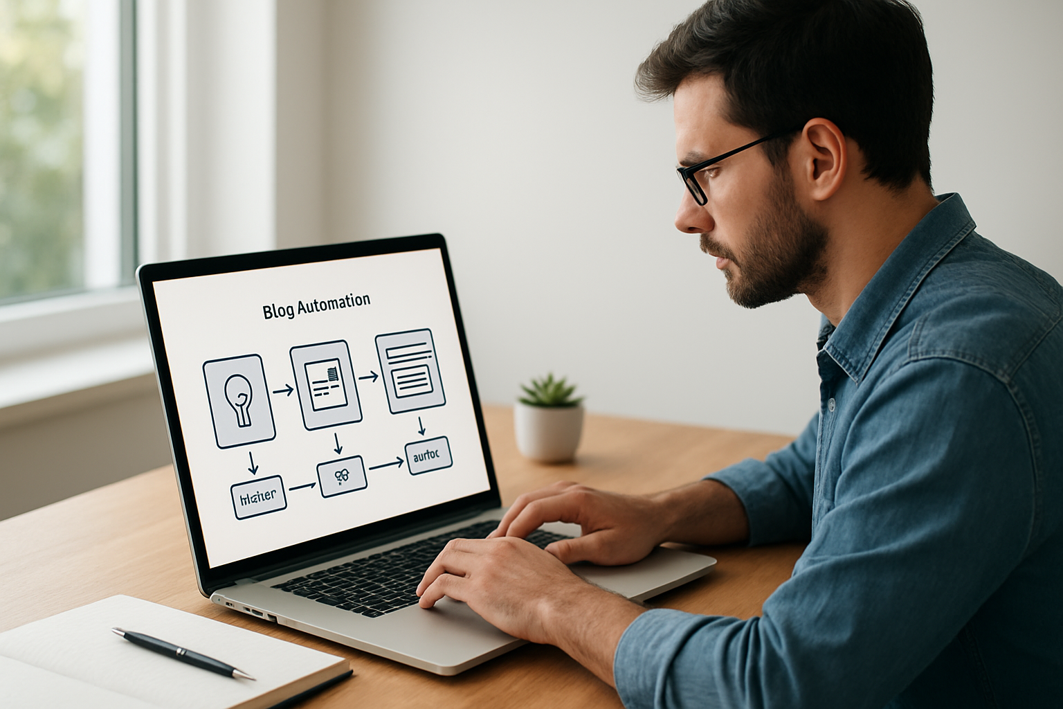 Fluxo visual de como funciona criação de blogs automatizada com etapas de planejamento e publicação