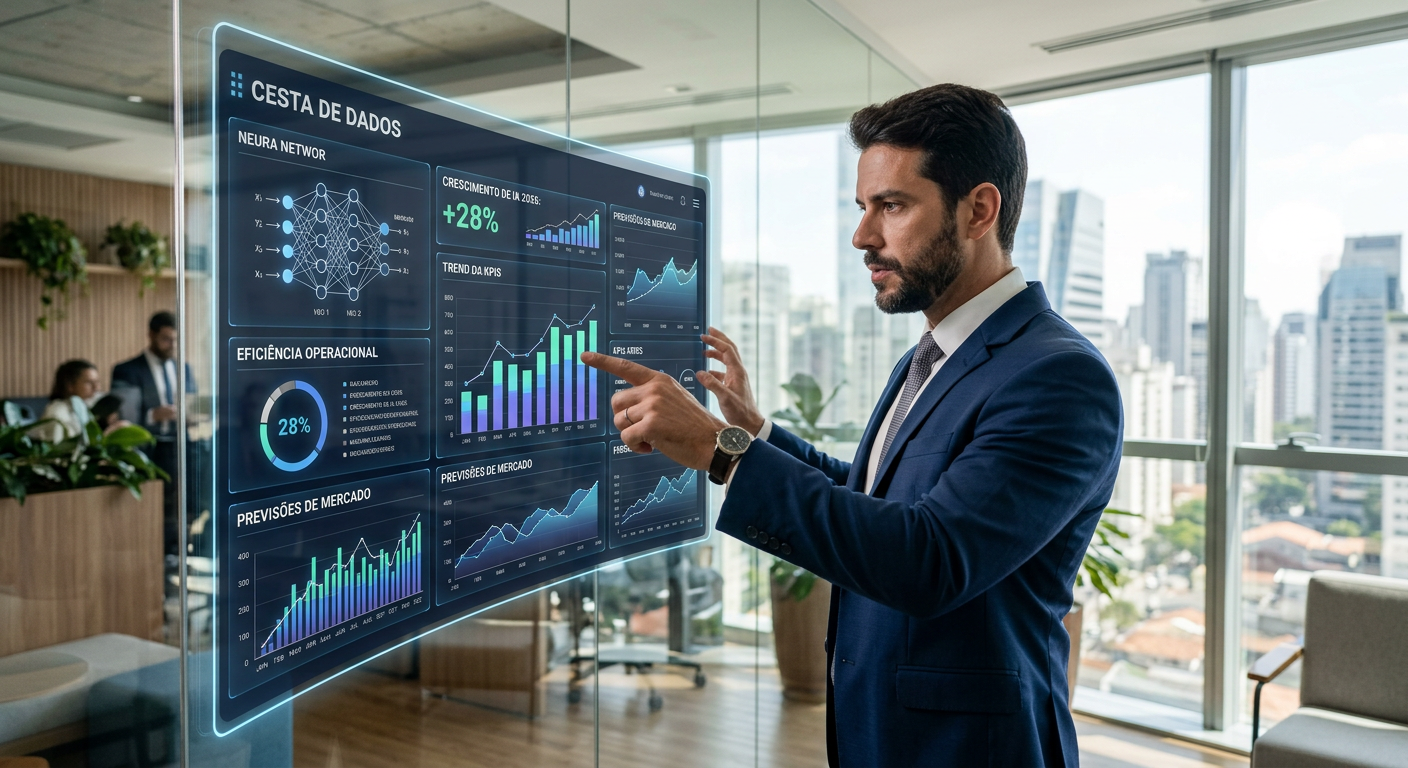 Empresário analisando métricas de crescimento em um painel digital de IA em 2026