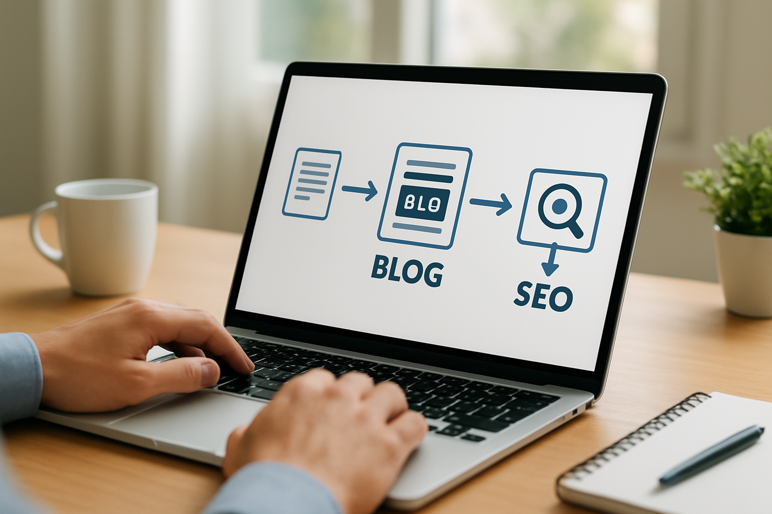 Capa explicativa sobre plataforma de blog automatizado mostrando fluxo de conteúdo e SEO