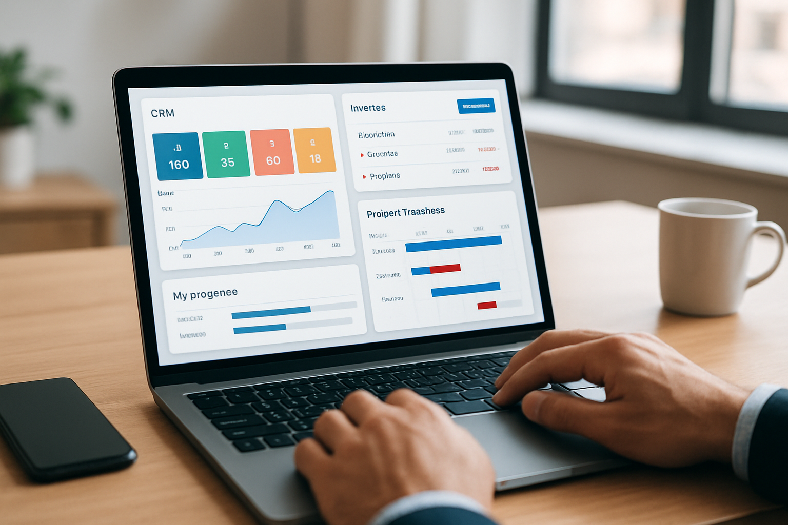 dashboard view of an all-in-one business app showing CRM, invoices and project timelines