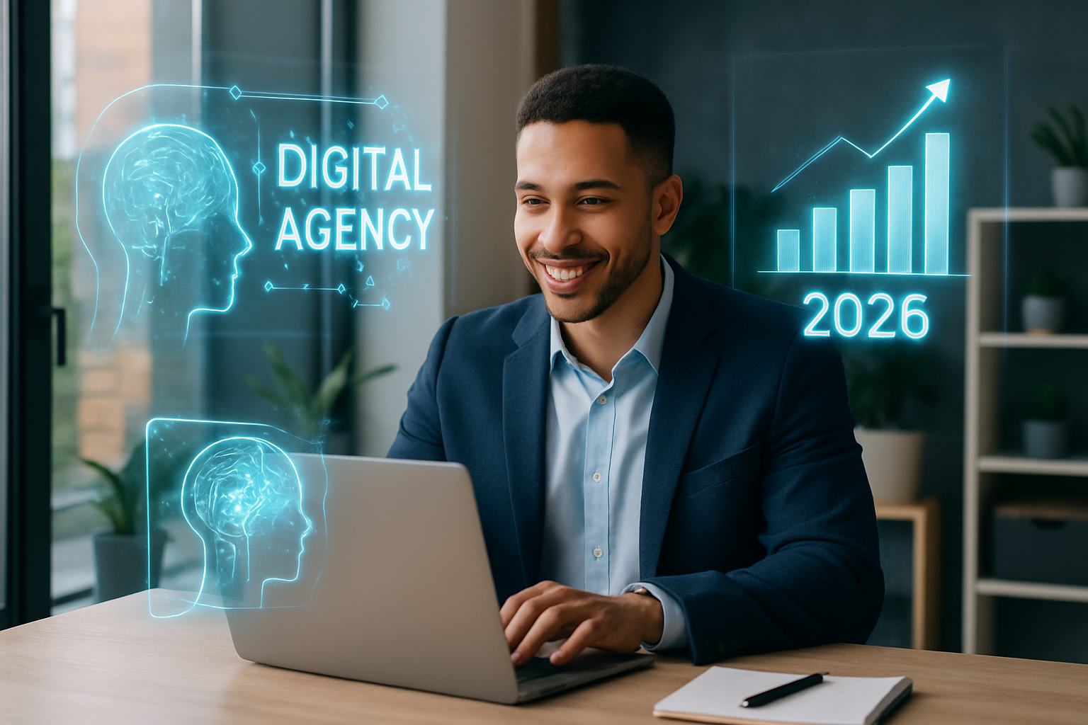 Visão futurista de uma agência digital com elementos de IA e crescimento de vendas em 2026