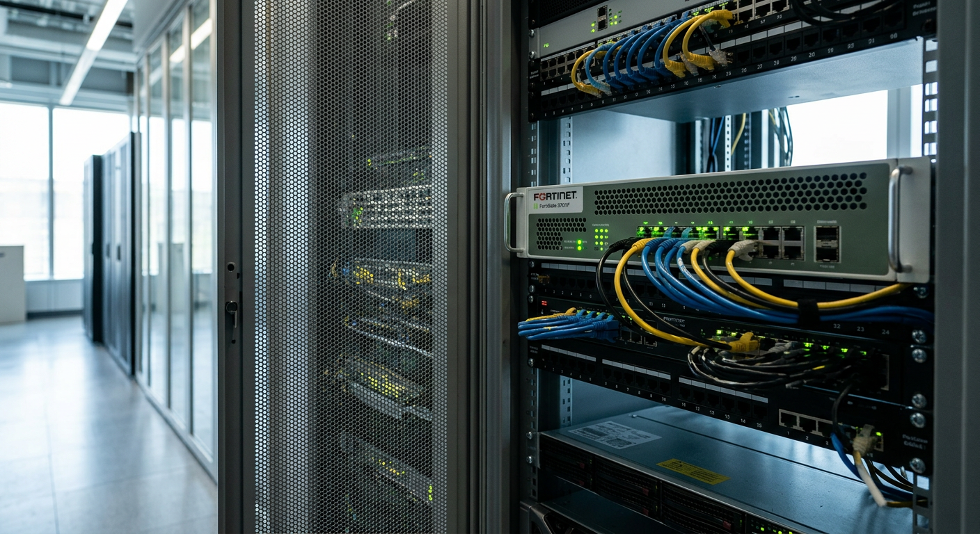 Firewall FortiGate 3701F em um rack de data center moderno com luzes de status ativas